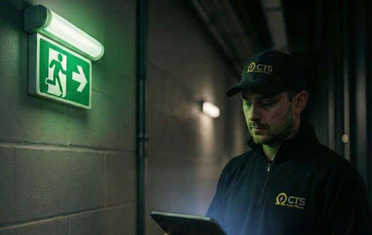 CTS engineer using a tablet beside an illuminated emergency exit sign