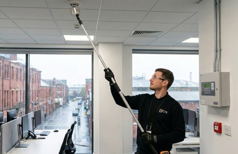 CTS engineer testing a ceiling fire detector beside a fire alarm control panel