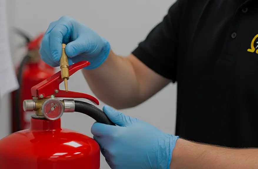 CTS Electrical engineer inspecting commercial fire extinguishers