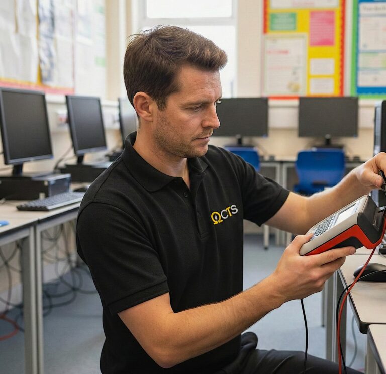 Engineer using a portable appliance tester beside computer equipment