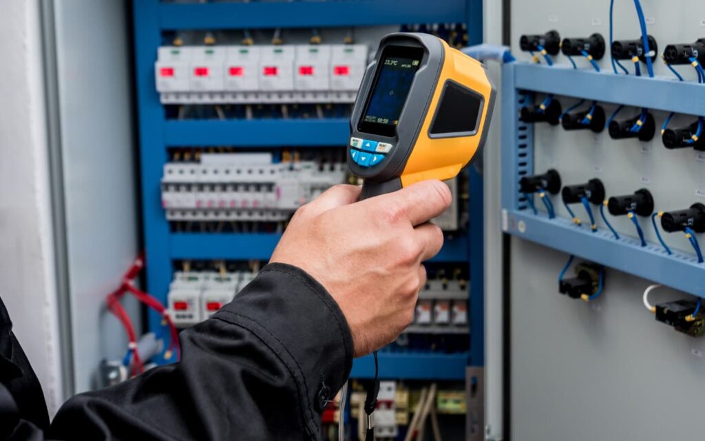 Hand holding a thermal imaging camera inspecting an electrical panel.